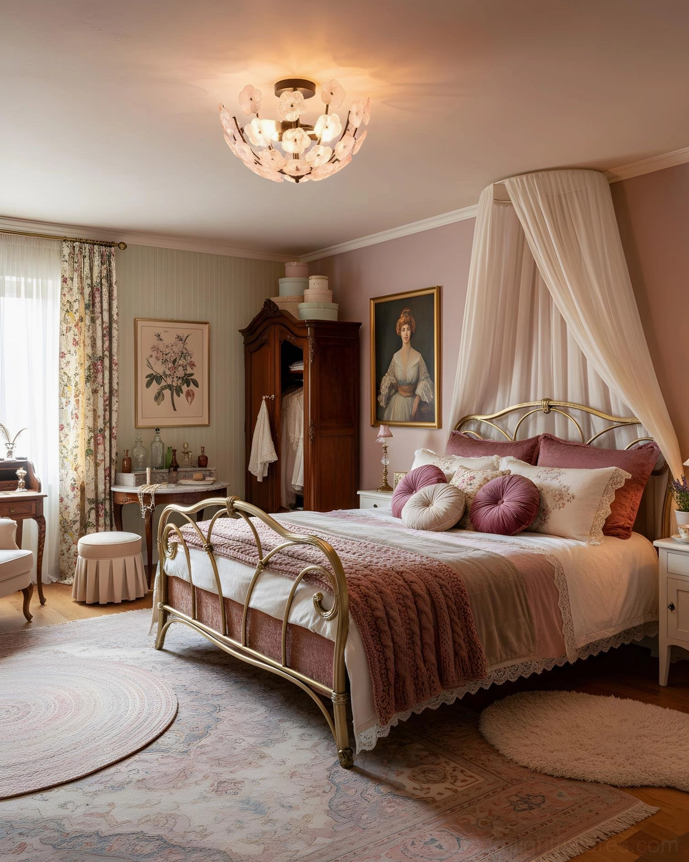 Fleurin floral ceiling lamp installed in romantic vintage bedroom with warm feminine ambiance