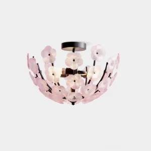 Fleurin pink floral ceiling lamp with three petal-shaped glass shades and black metal frame, front studio view