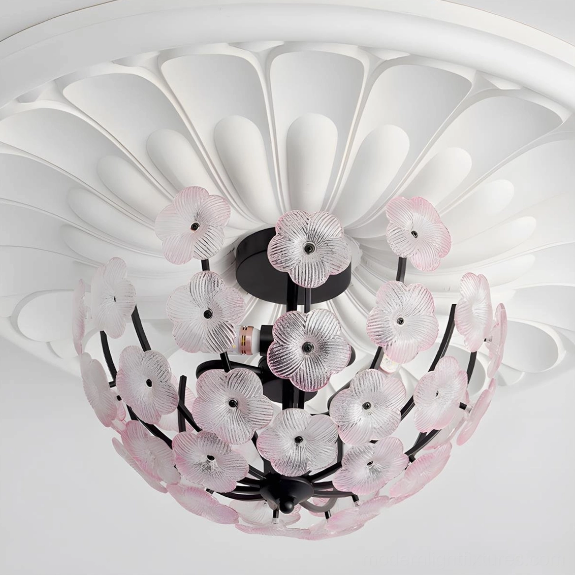 Fleurin pink floral ceiling lamp close-up bottom view showing intricate glass petal shades and metal base