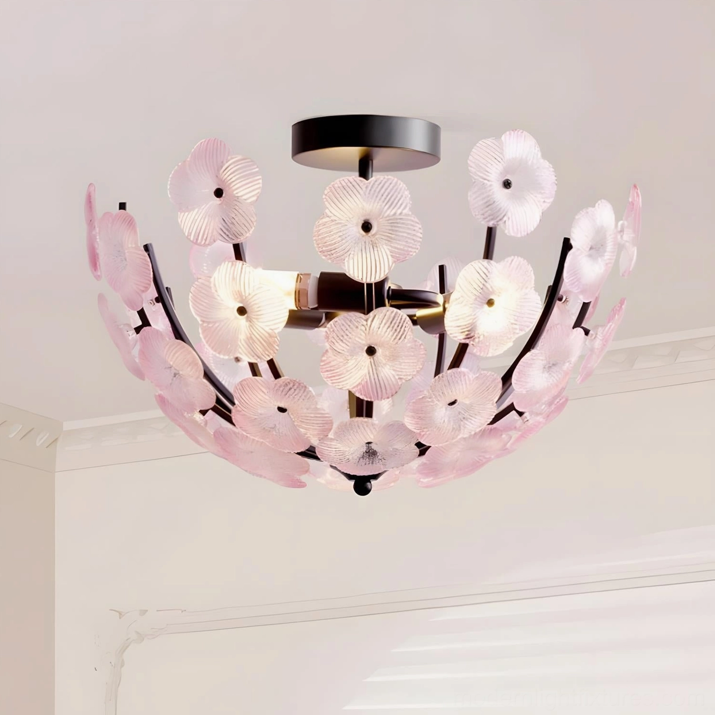 Fleurin ceiling lamp with sculptural metal branches and textured glass petal design