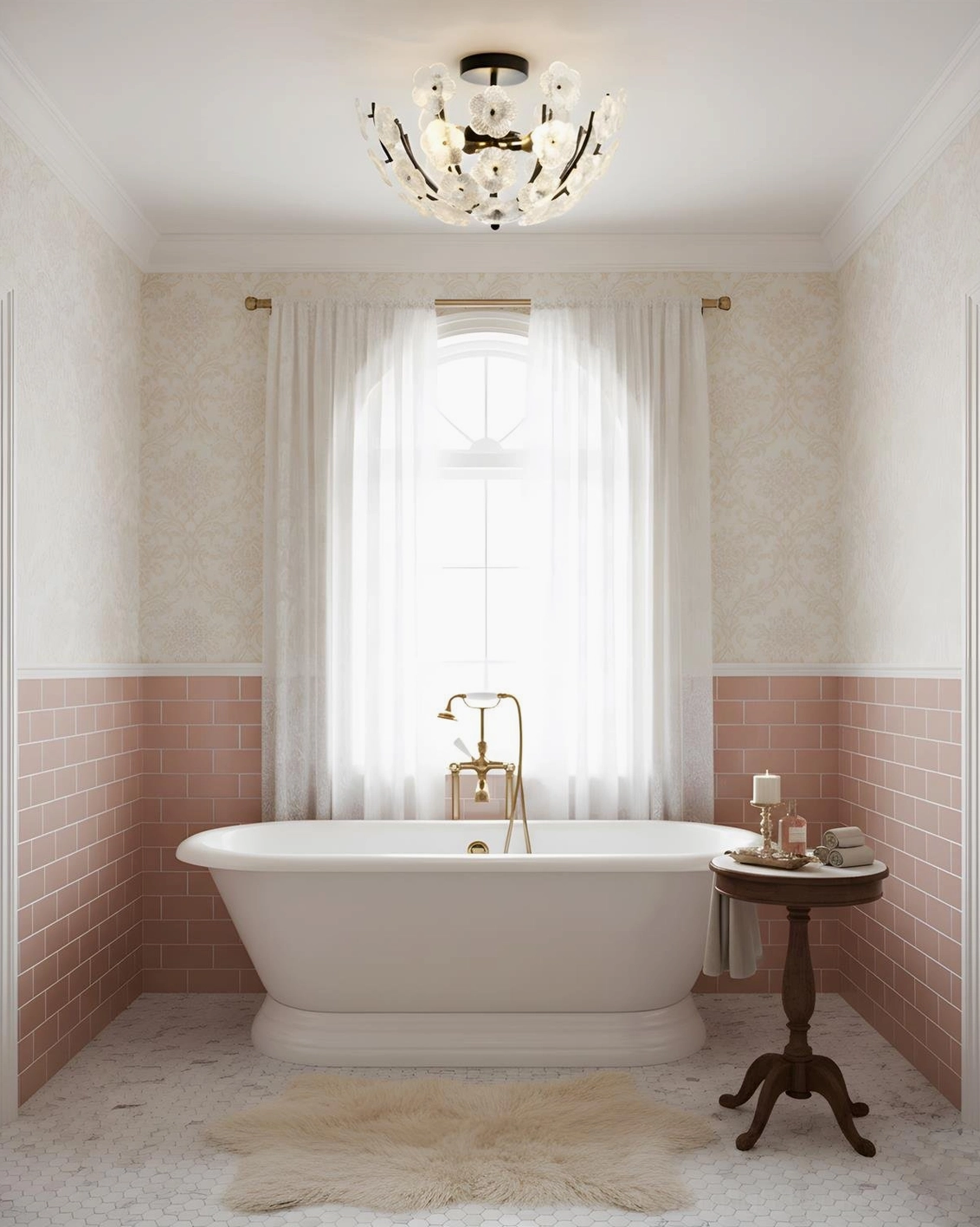 Fleurin ceiling lamp in minimalist pink tiled bathroom with soft romantic lighting design