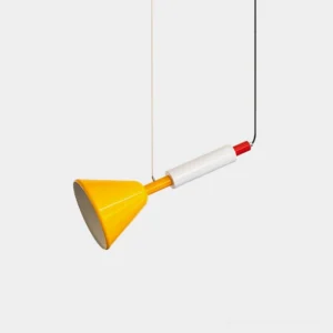 Flippo color-block pendant light with yellow and white geometric shade, side view on minimalist white background