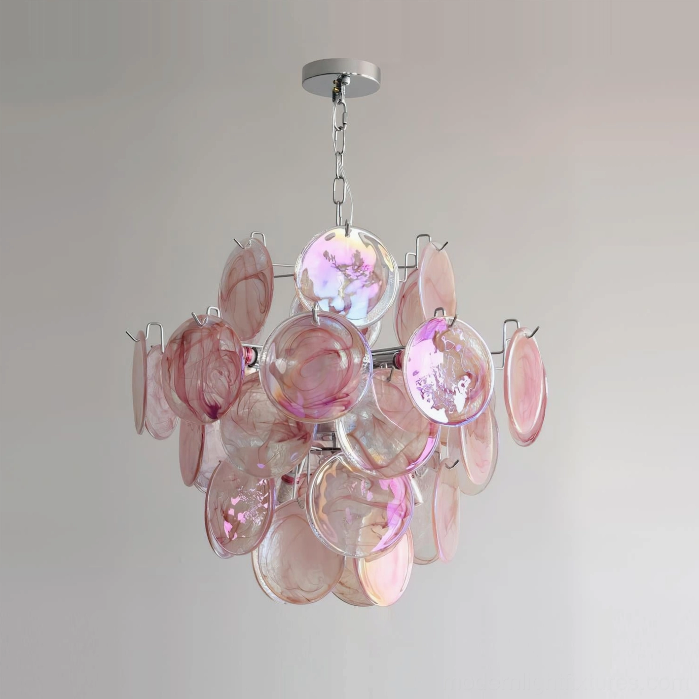 Hanging view of iridescent glass disc chandelier showing delicate petals-like glass composition