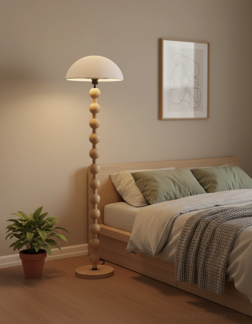 Floor lamp beaded wooden pole contemporary design detail close-up