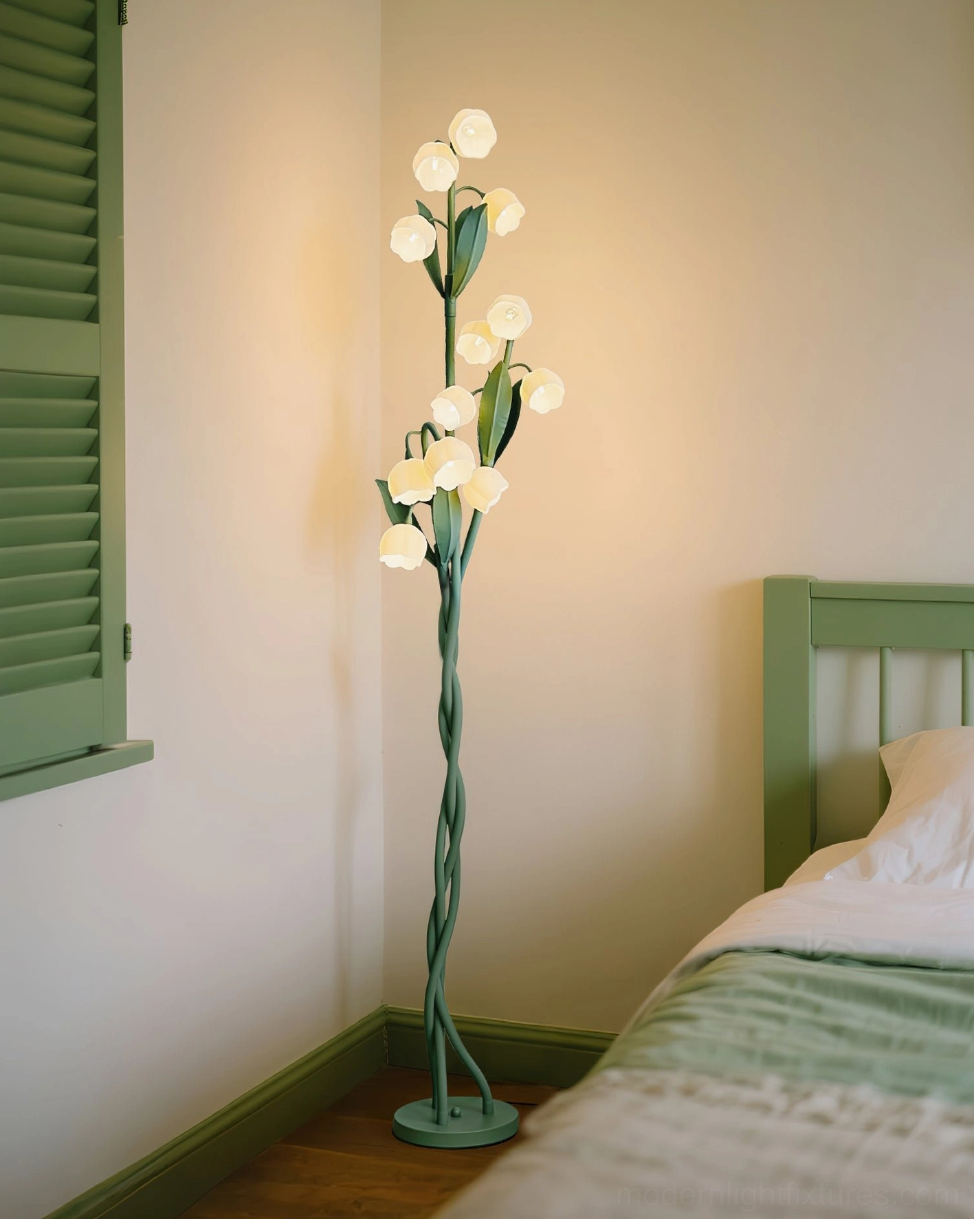 Lily of the valley floor lamp positioned in home interior showing scale and proportion with surrounding furniture