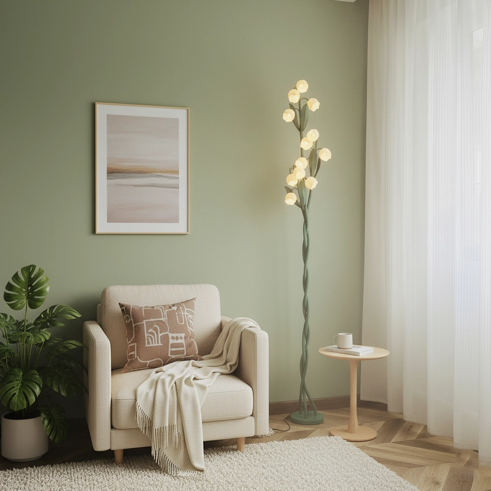 Modern botanical floor lamp in Nordic style sitting area with sage green wall, fabric armchair, and side table