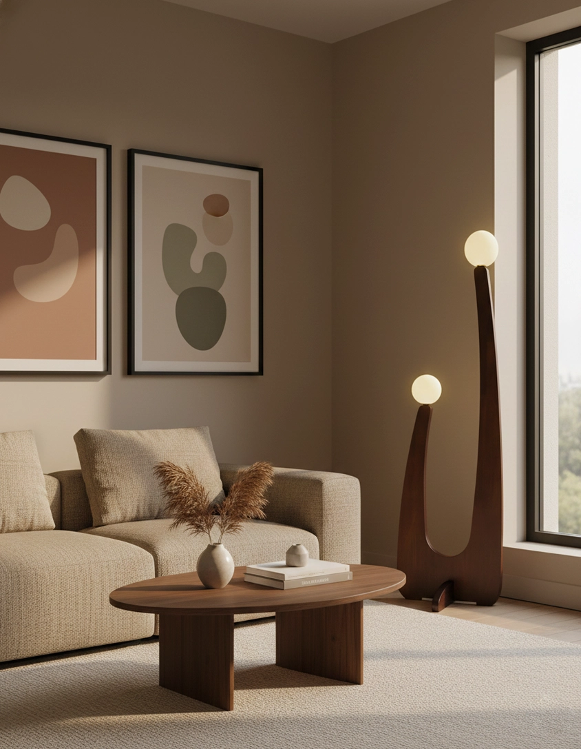 Warm wood-finish floor lamp with dual frosted glass shades positioned beside cozy beige sofa and coffee table