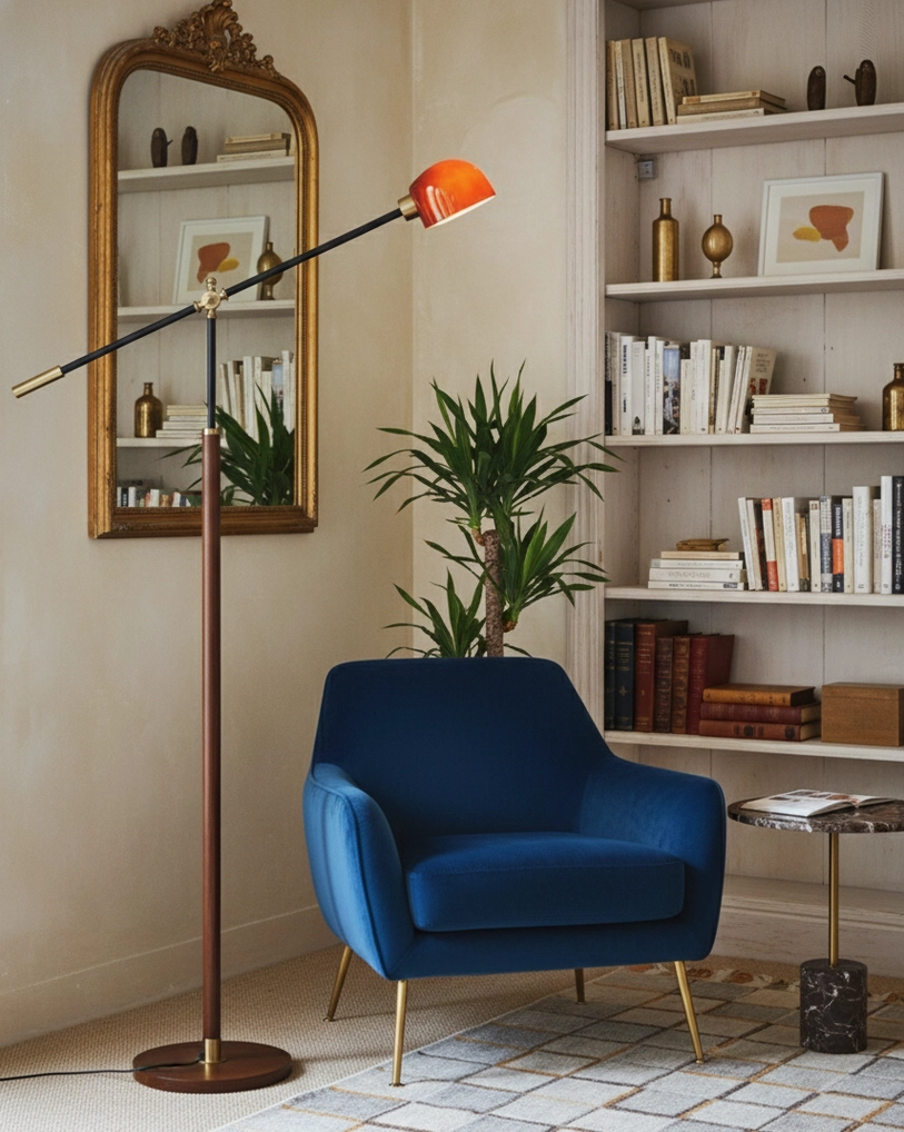Brass accented swing floor lamp beside blue velvet armchair and vintage mirror in cozy living room reading corner