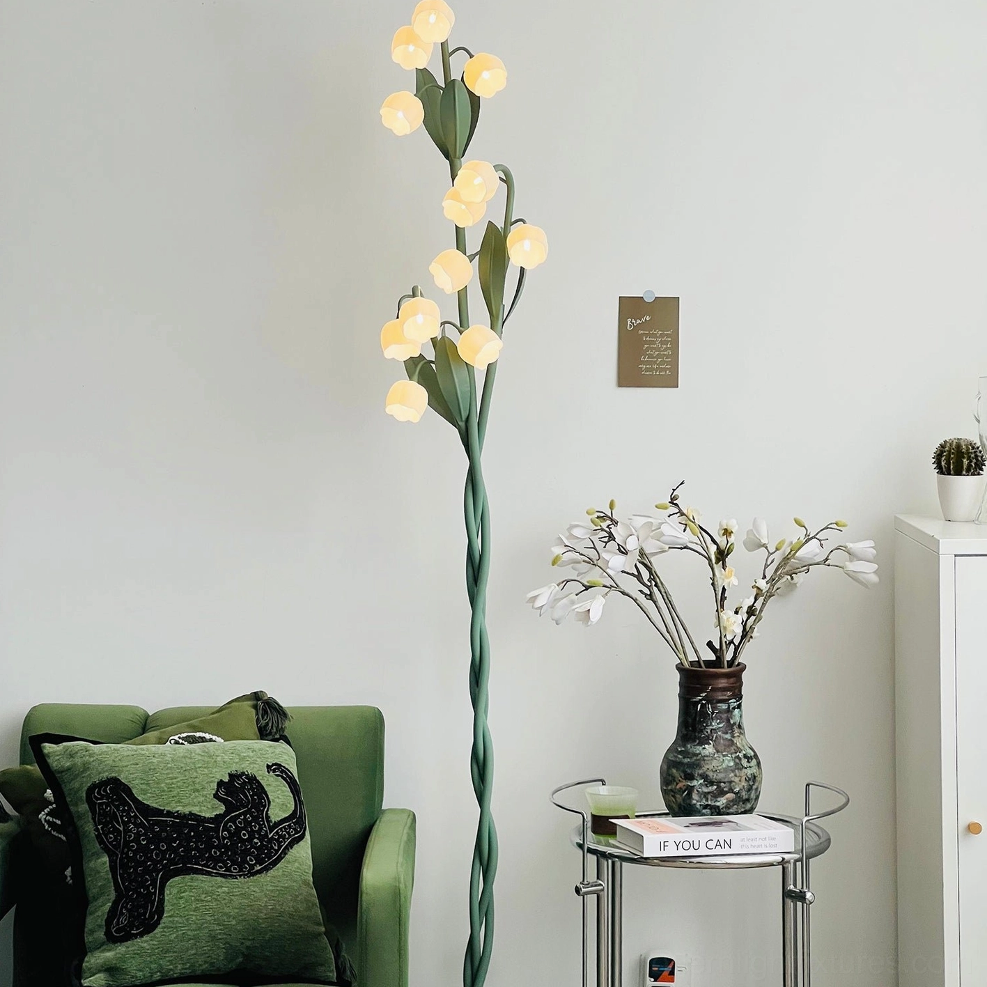 Modern lily of the valley floor lamp with sculptural metal frame and frosted white acrylic flower shades
