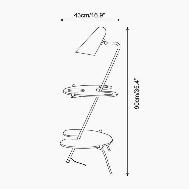 Technical line drawing and dimensions of mid-century floor lamp with measurements in centimeters and inches