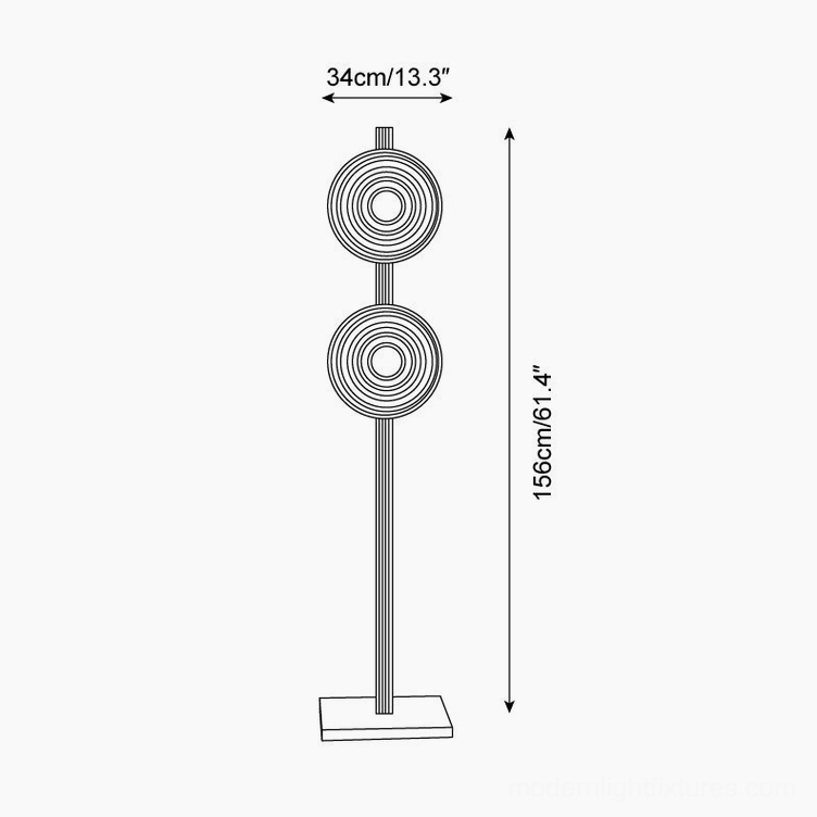 Twin disc floor lamp technical dimension drawing showing 156cm height and 34cm disc diameter specifications