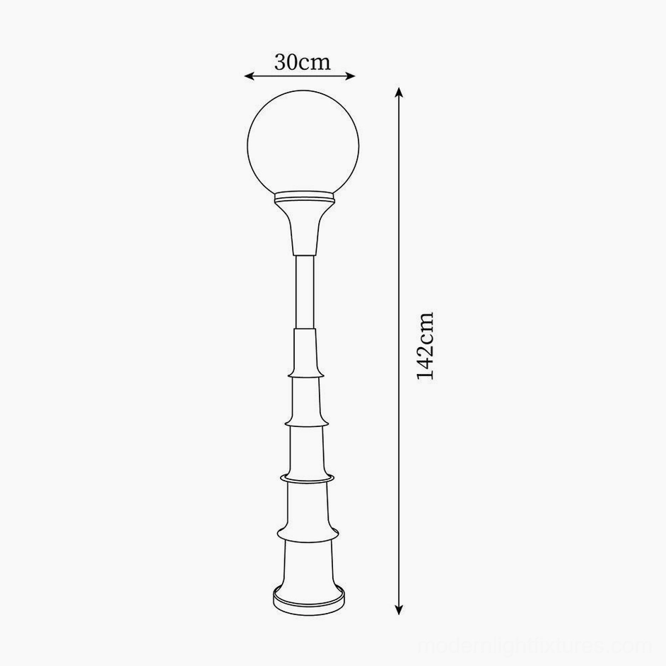 Technical line drawing and orthographic view of colorful floor lamp showing 30cm diameter and 142cm height dimensions