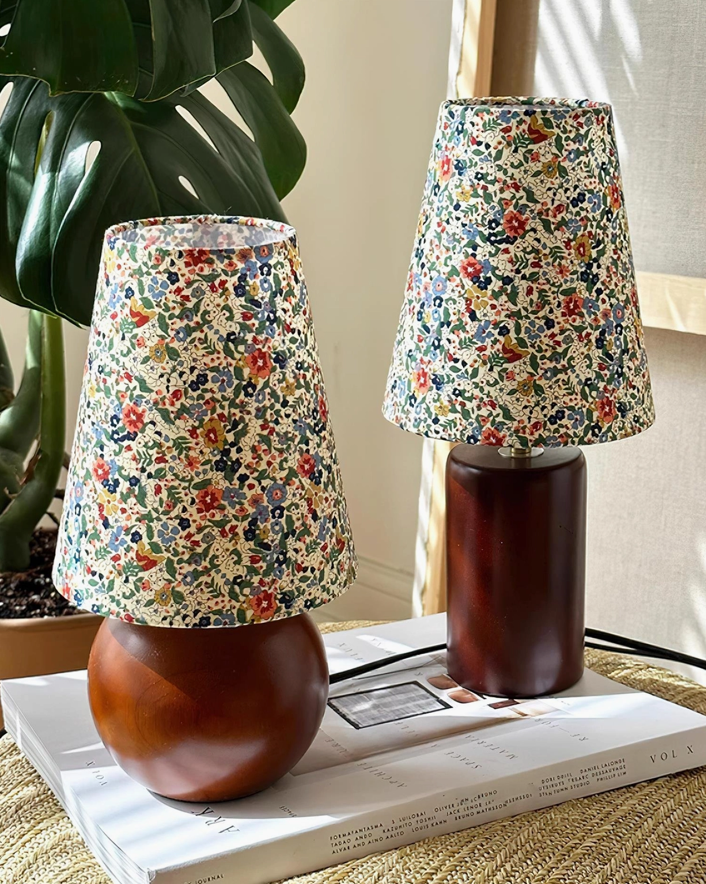 Floral table lamp botanical pattern shade artistic lighting fixture detail