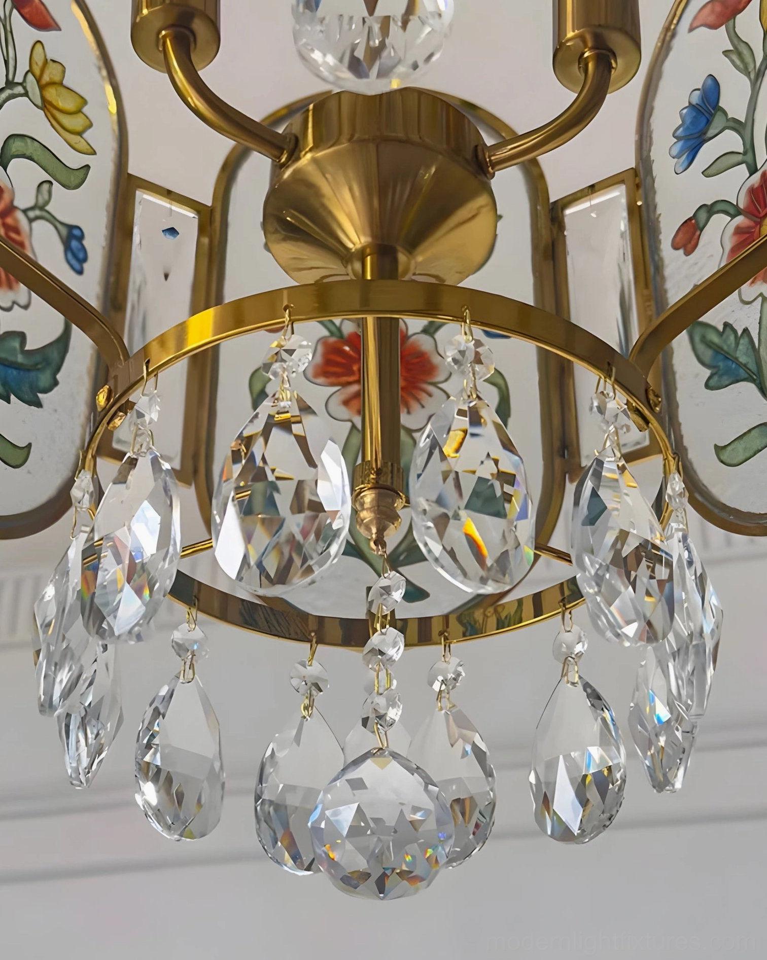 Hand-painted floral botanical pendant fixture with textured multicolor glass and warm glowing illumination