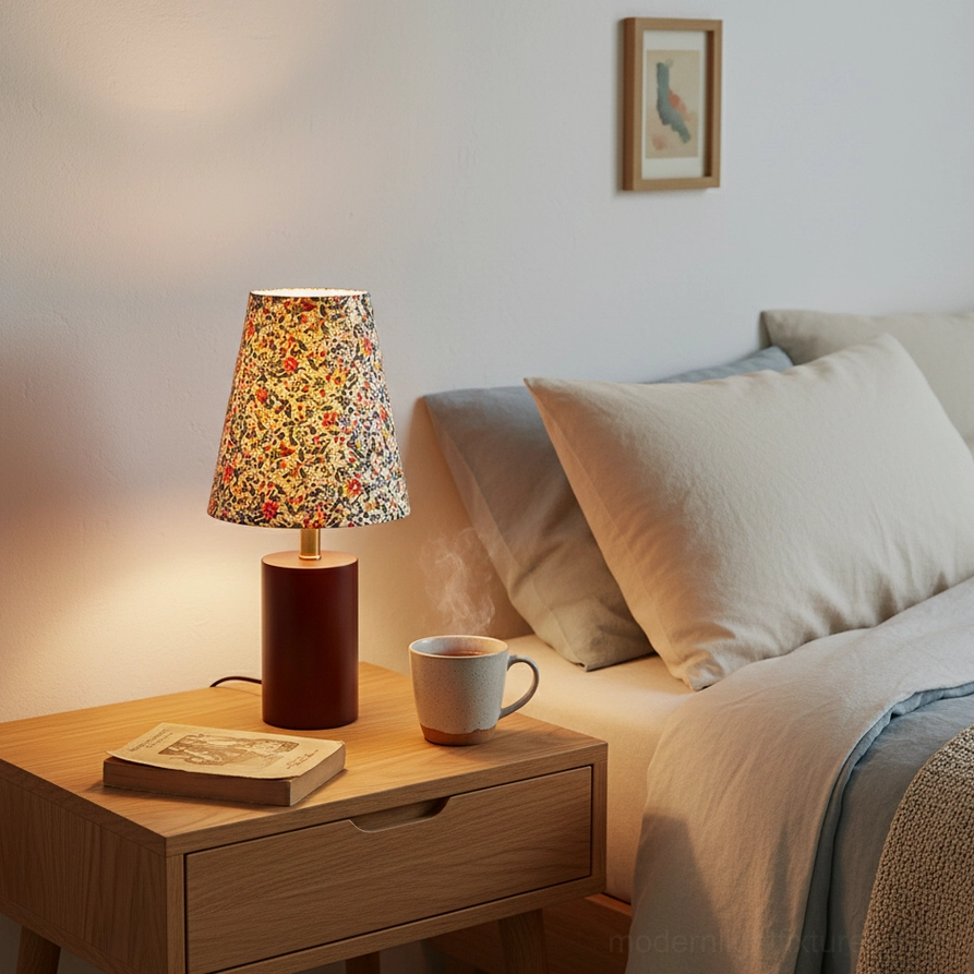Floral table lamp on bedroom nightstand in neutral master bedroom minimalist interior