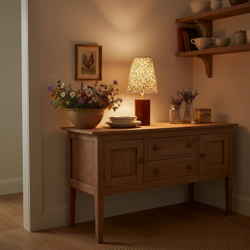 Floral table lamp on wooden sideboard in vintage dining hallway with warm neutral decor