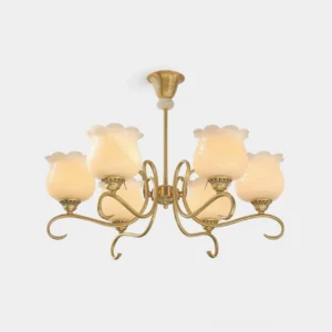 Brass floral chandelier with white bloom-shaped glass shades front view studio shot