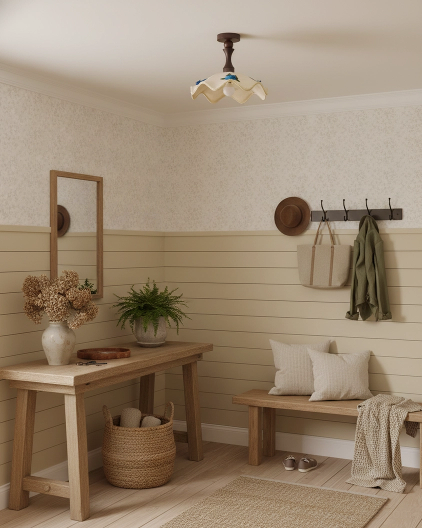 Wavy scalloped ceiling lamp installed in farmhouse entryway with wood panel walls and rustic entry furniture decor