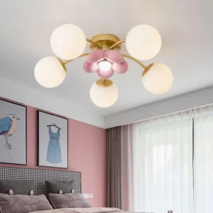 Bloom ceiling fixture installed in modern master bedroom with pink wall decor - decorative floral pendant lighting