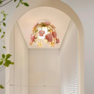 Floral ceiling light fixture installed in French cottage archway corridor, romantic vintage style ambient lighting