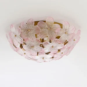 Modern floral ceiling light fixture overhead perspective showing detailed glass petals and gold interior frame