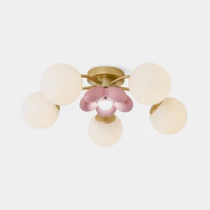 Floral multi-head ceiling light fixture with pink, gold and white flower petals on white studio background - modern botanical pendant lamp