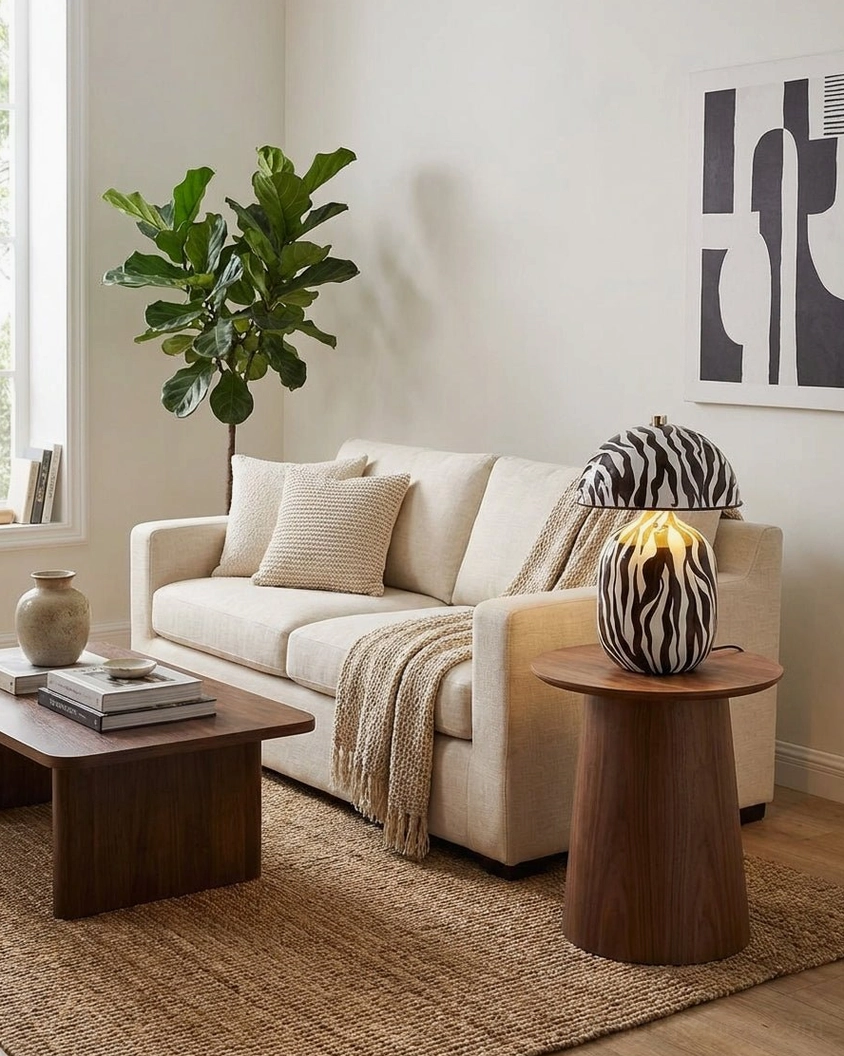 Hand-painted floral ceramic table lamp in warm yellow creating ambient bedroom lighting