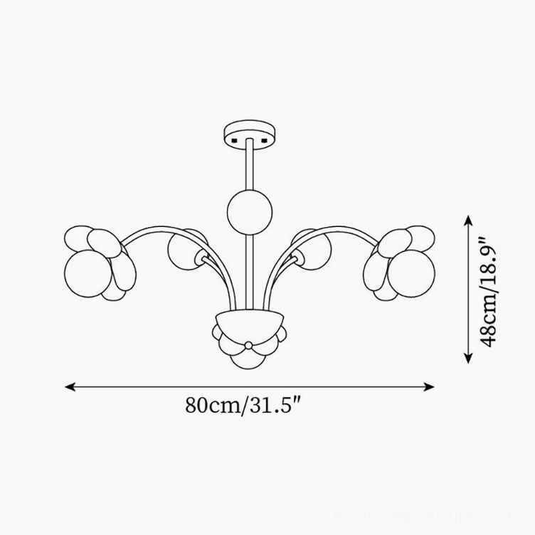 6-head floral pendant chandelier technical dimension diagram, 80cm width 48cm height schematic drawing
