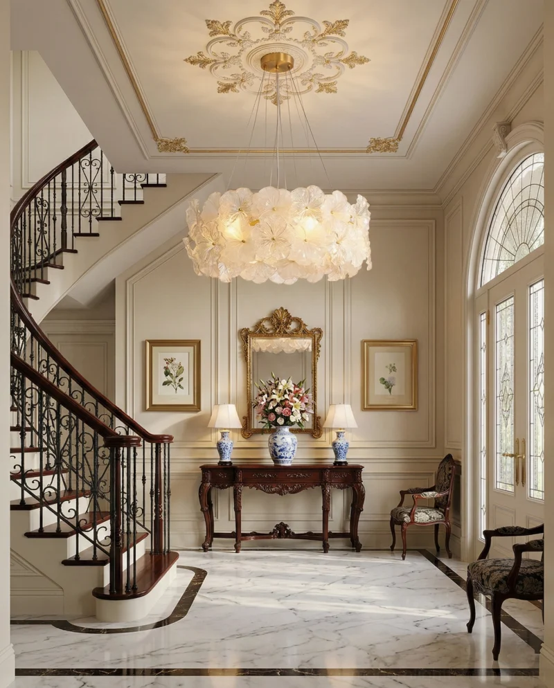 Floral glass chandelier detail shot - brass ceiling fitting and petal glass shades