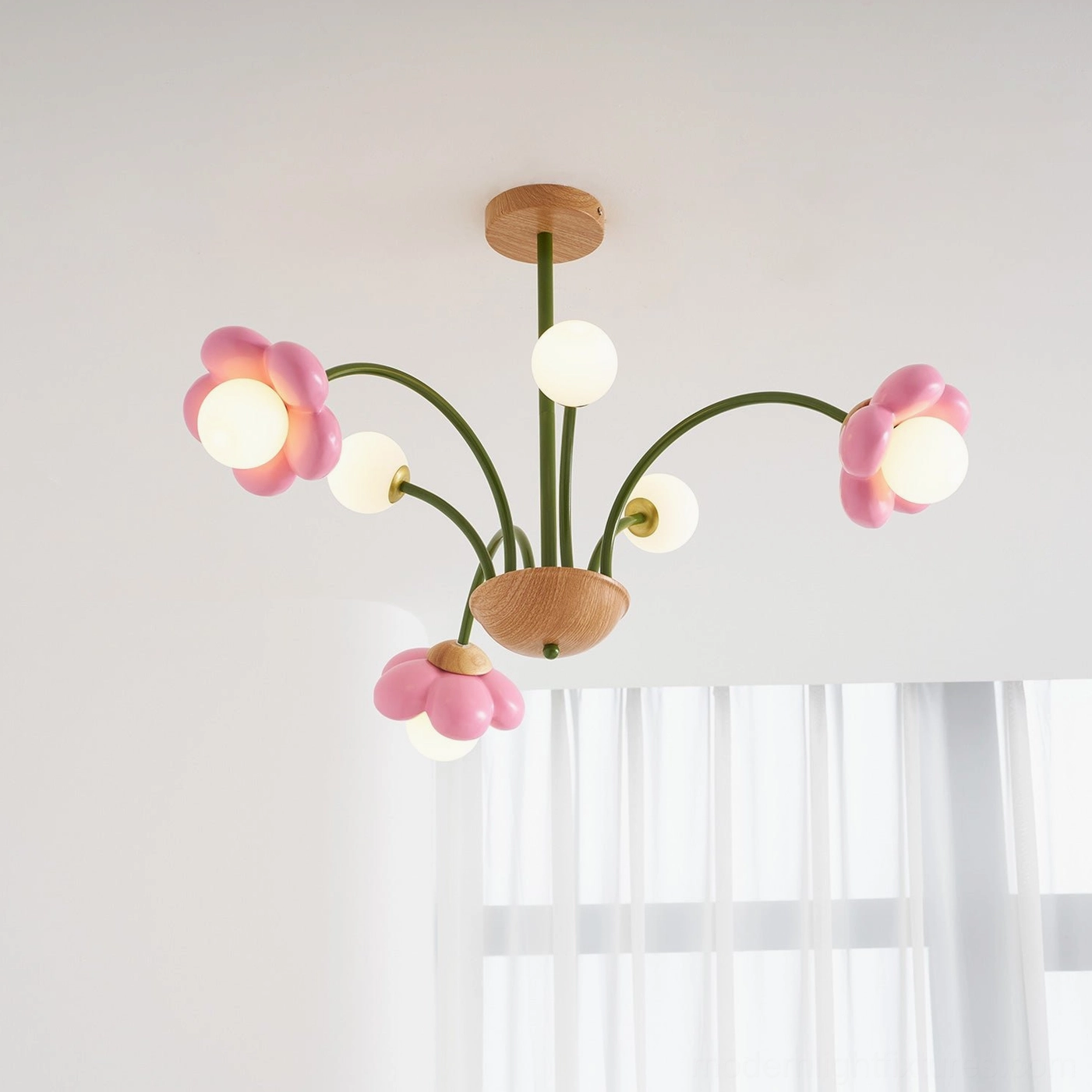 Floral chandelier installation detail showing hanging rod connection and ceiling mount positioning