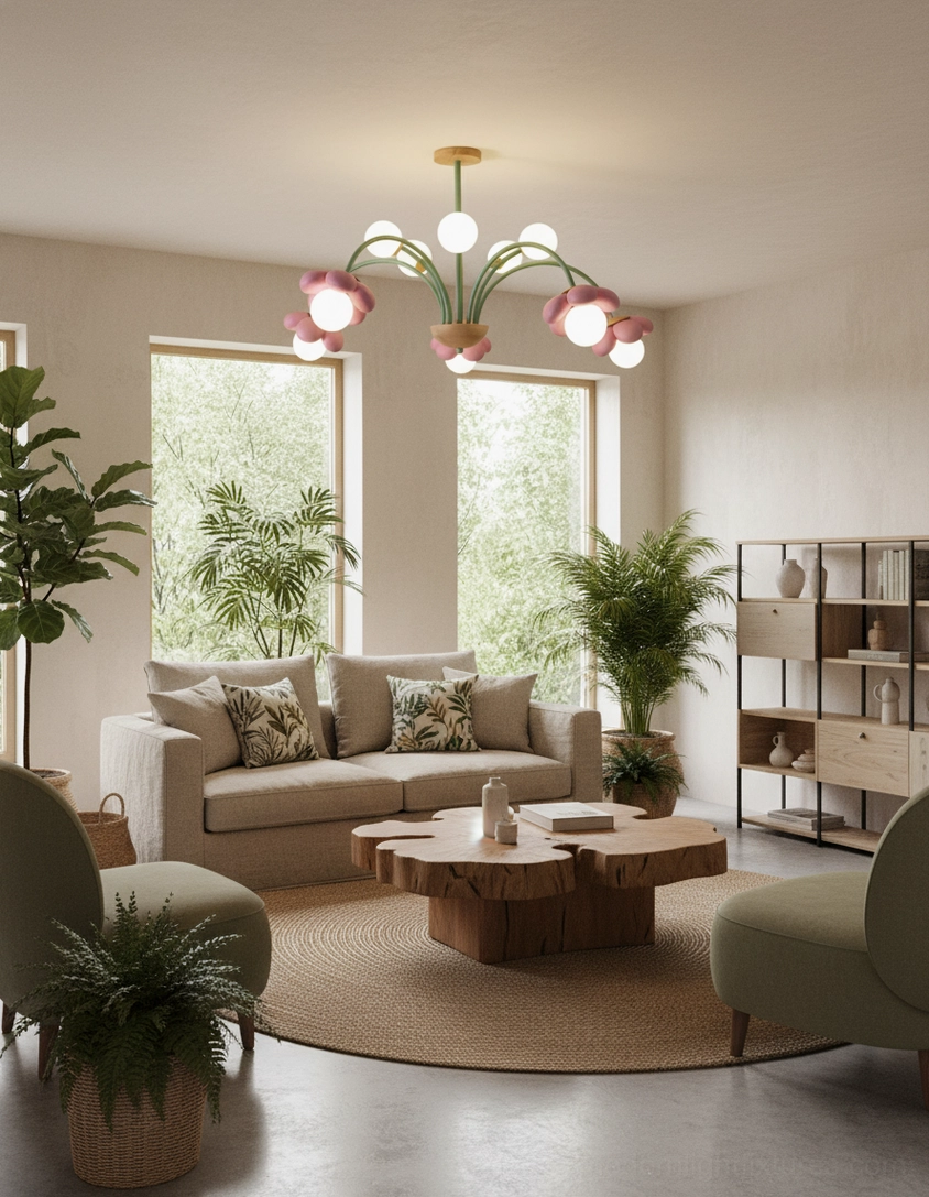 Floral pendant chandelier installed in modern Nordic living room with warm ambient lighting and cozy interior