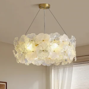 Modern floral chandelier in residential living room with warm ambient lighting and layered glass design
