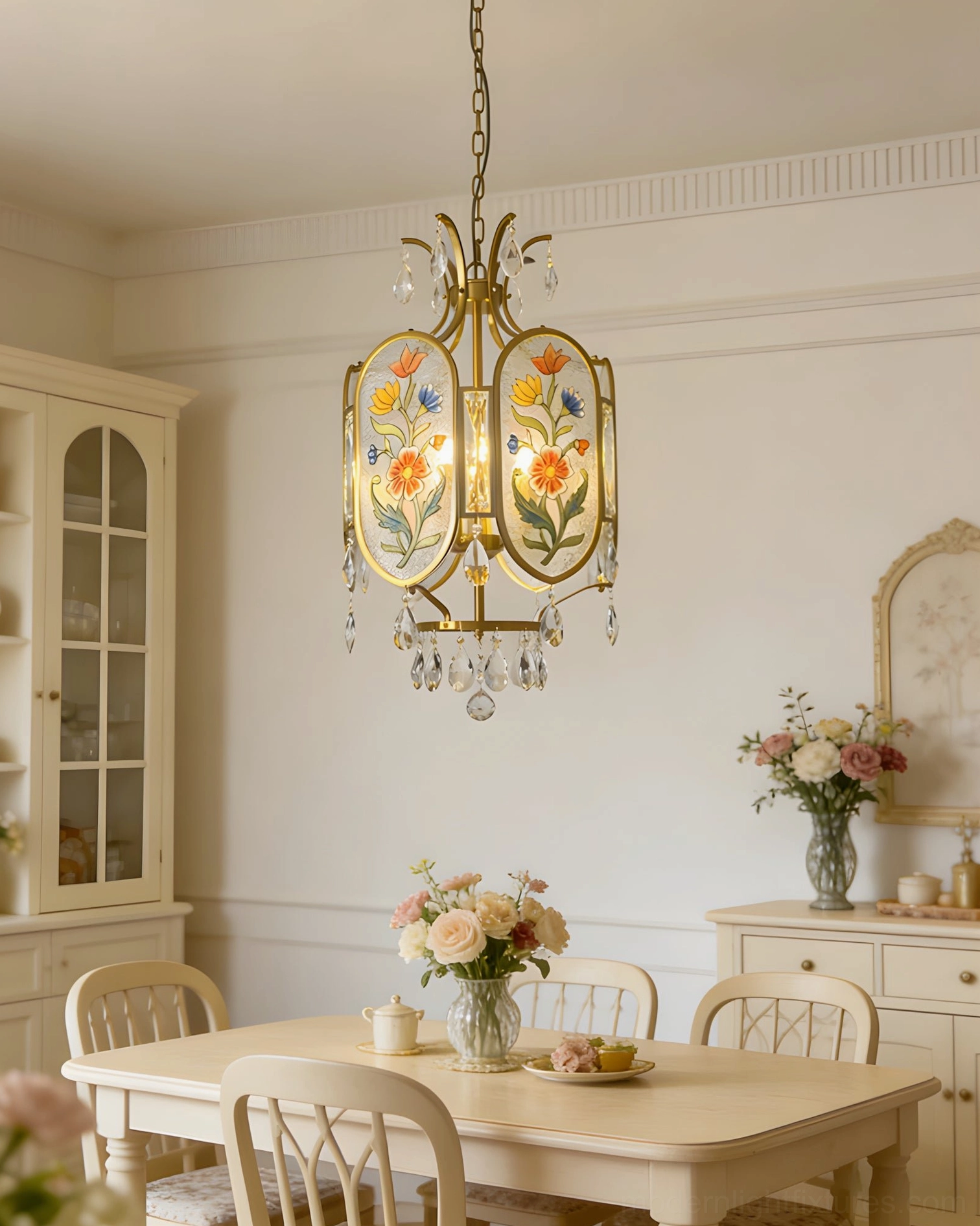 Floral crystal pendant chandelier illuminating bright neutral-toned cottage-style dining room with wide ceiling space