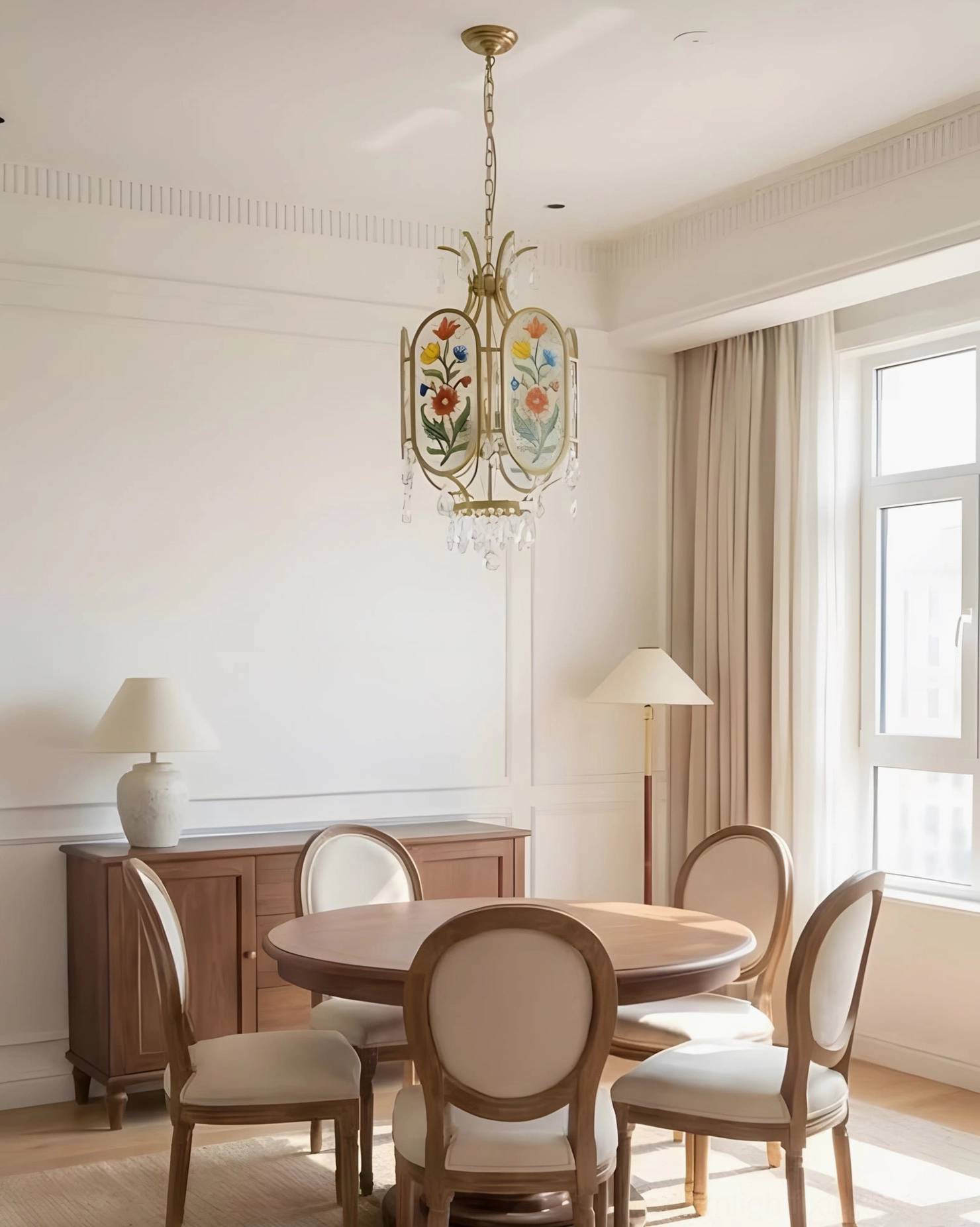Hand-painted floral crystal pendant chandelier above compact round dining table in warm neutral home decoration setting