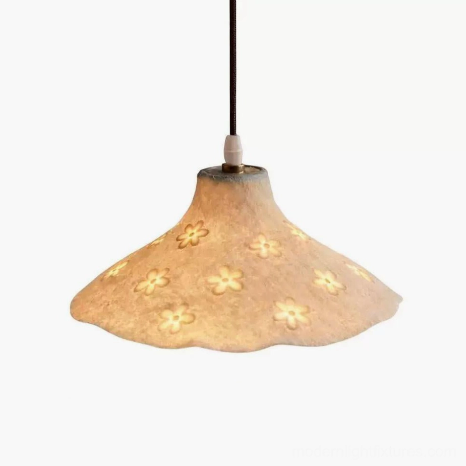 Floral cutout pendant light with wavy ivory resin shade and G4 socket, complete product view showing sculptural botanical design details