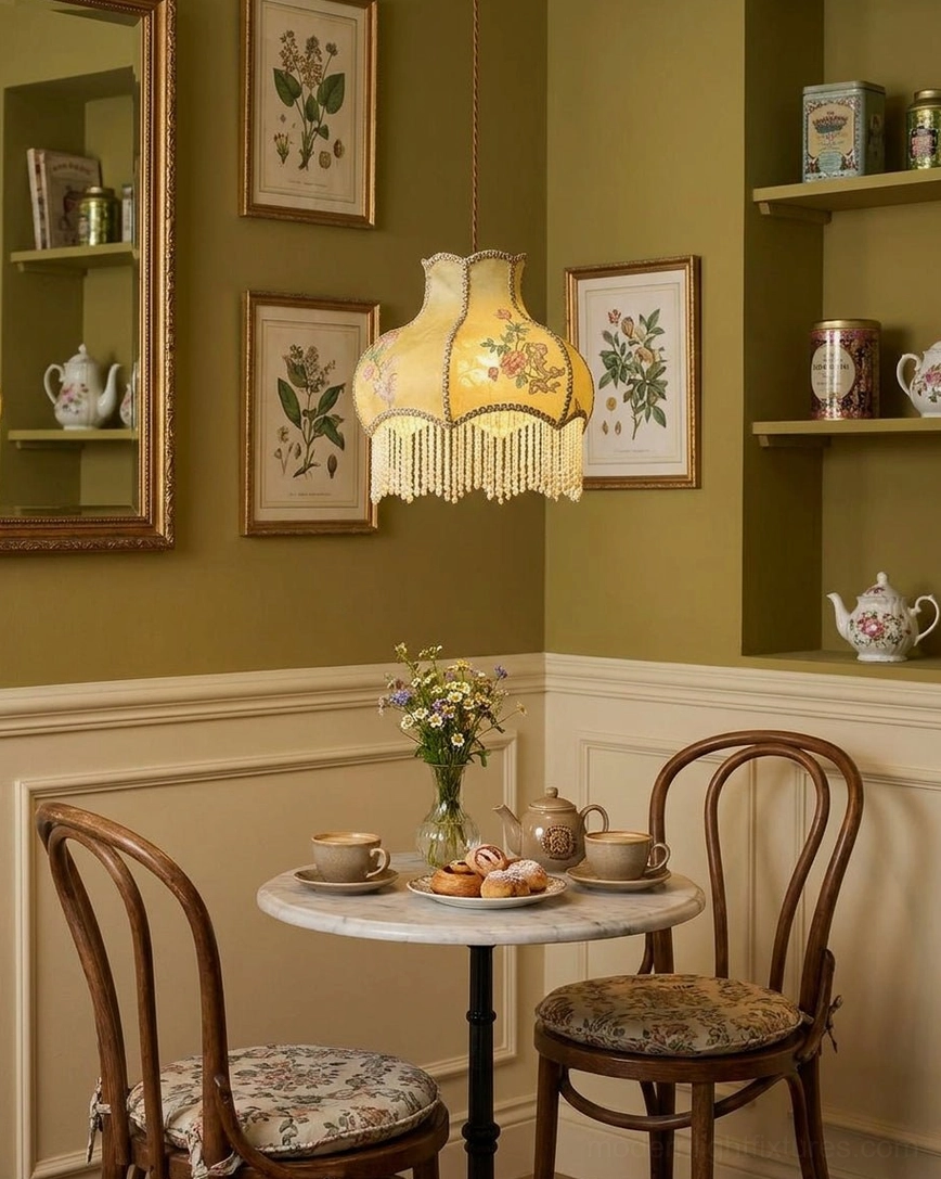 Victorian beaded fringe pendant light over bentwood dining chairs and marble side table in wainscoted dining nook