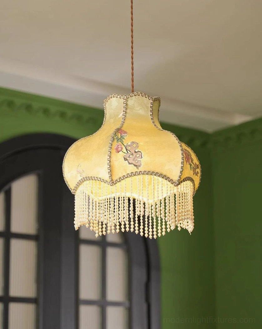 Victorian pendant light bell-shaped fabric shade with gimp braid and beaded fringe in golden colorway
