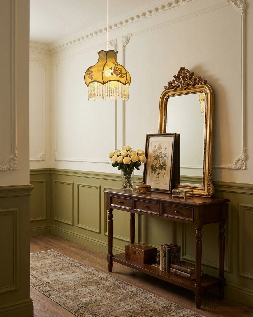 Damask pendant lamp hanging over small dining table in cozy Victorian-style home interior