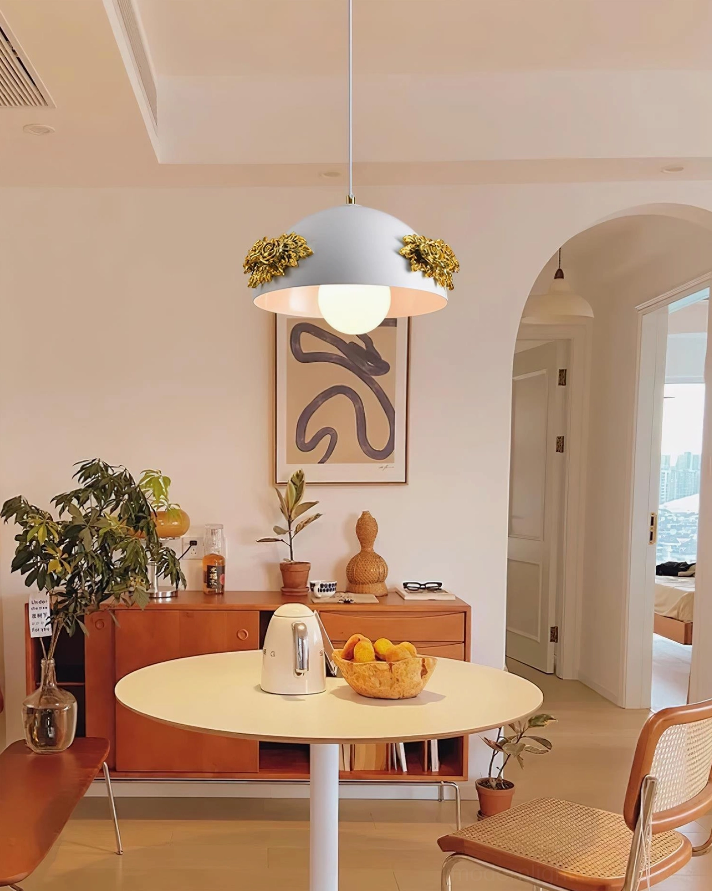 Floral dome pendant lamp with rose appliqués in contemporary home decor, soft diffused ambient lighting aesthetic