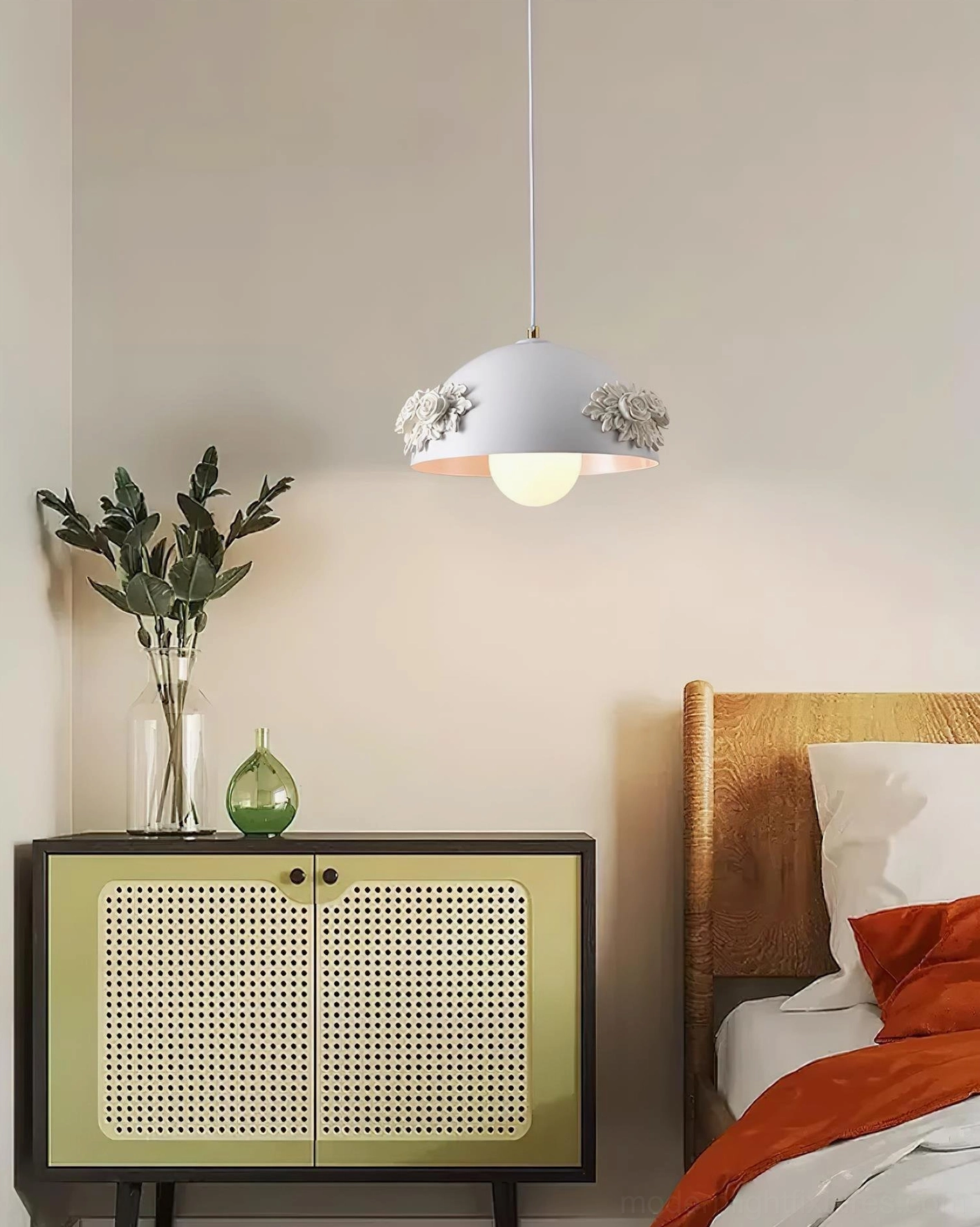 Floral dome pendant light with frosted acrylic shade and 3D botanical appliqués, contemporary romantic lighting design