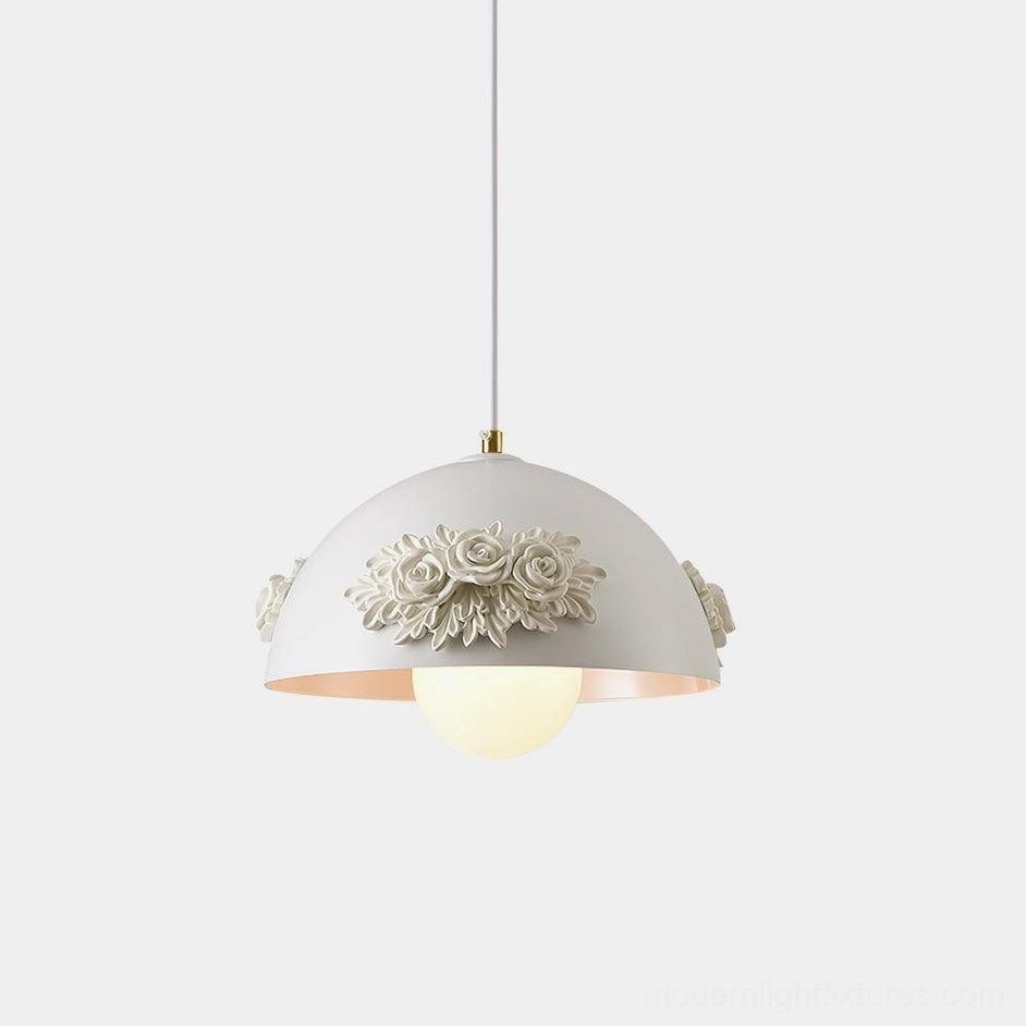 Floral dome pendant light with 3D rose appliqués, off-white acrylic shade with gold accents and frosted glass bulb, modern romantic ceiling fixture