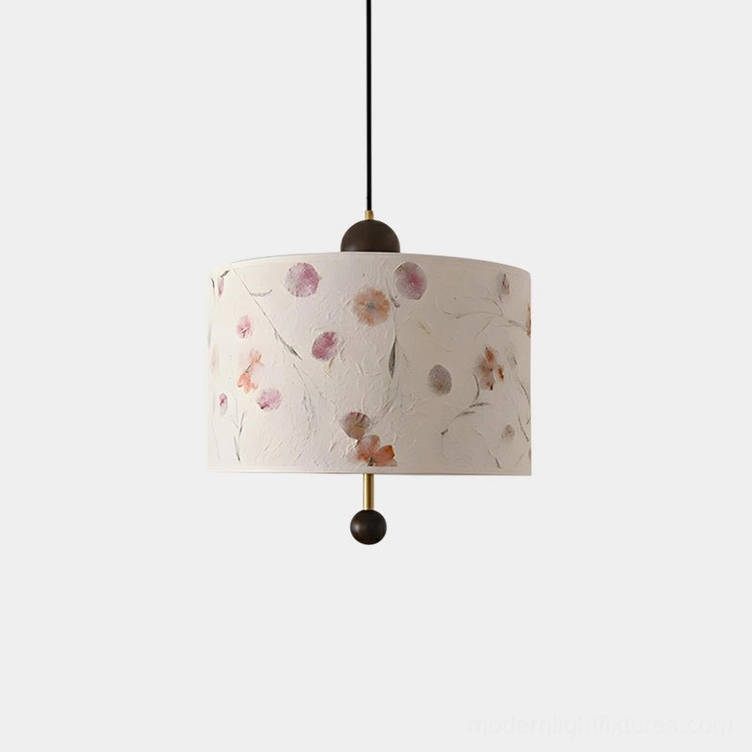 Petalune floral drum pendant light with watercolor wildflower prints and brass accents, overhead front view on white studio background