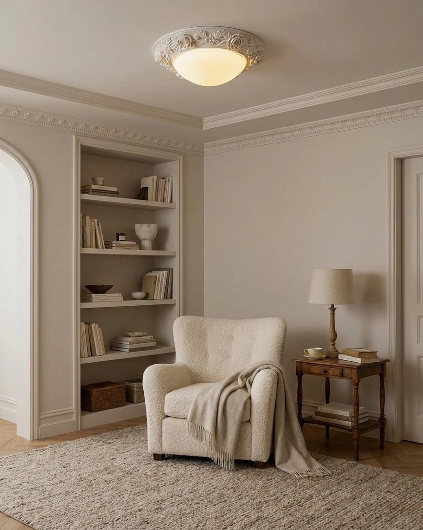 Floral embossed ceiling light in French reading lounge with tufted armchair and built-in bookshelf, cozy neutral ambiance