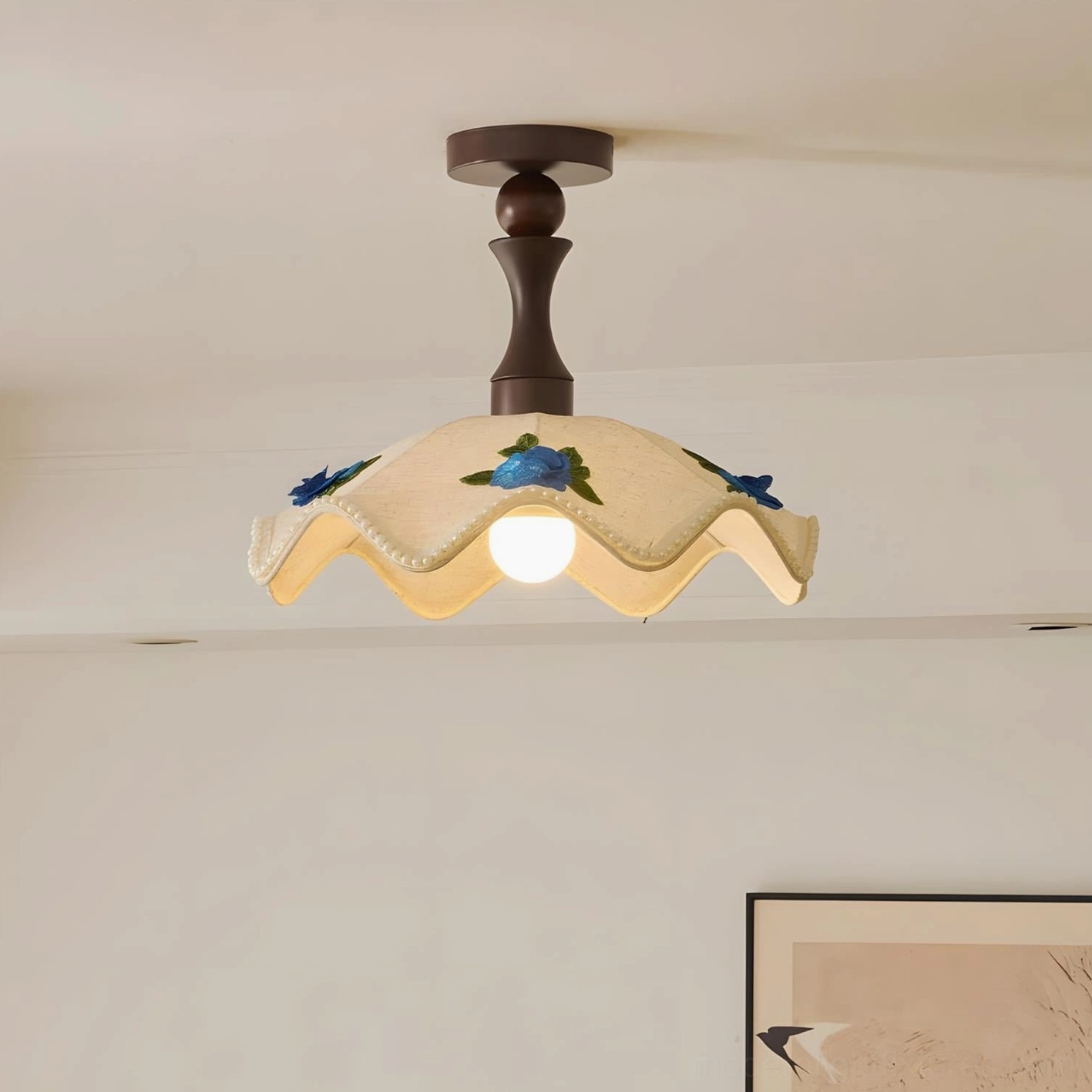 Wavy fabric ceiling lamp mounted in residential interior showing warm ambient lighting and pastoral aesthetic appeal