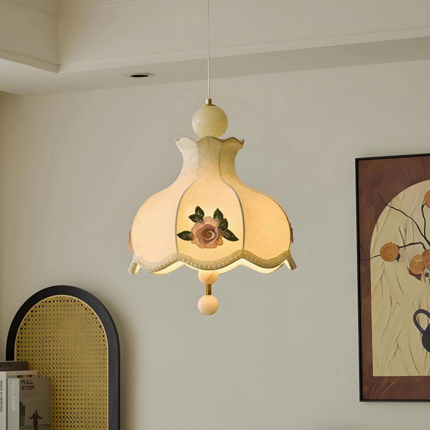 Bellevia floral embroidered pendant lamp showcasing cream fabric shade with rose embroidery and delicate beading