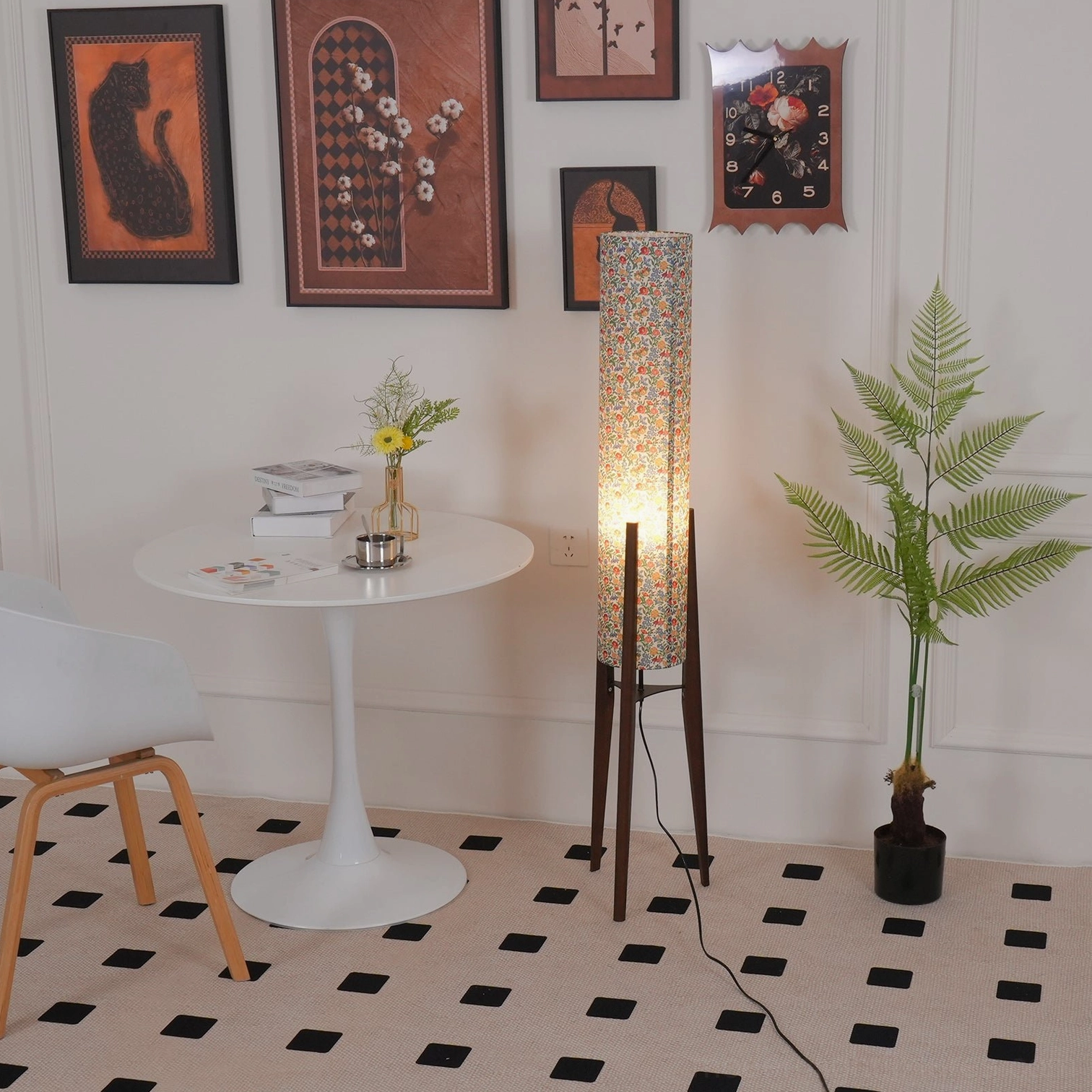 Floral printed fabric floor lamp shade with natural wood tripod stand design and functional foot switch control