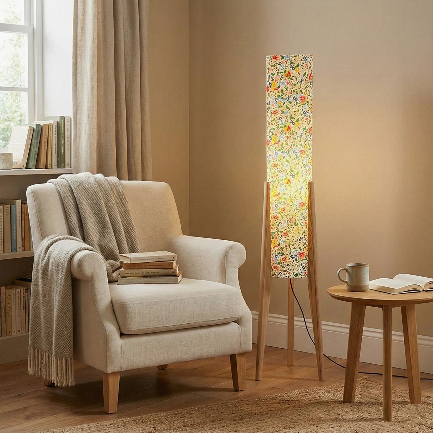 Floral fabric shade floor lamp with light wood tripod next to tufted armchair and side table in indoor reading lounge