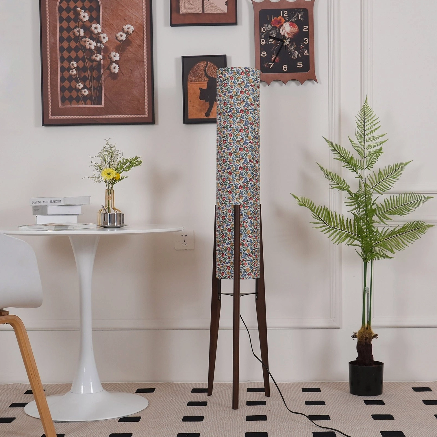 Walnut and light wood color floral floor lamp options with matching botanical print shade and tripod stability