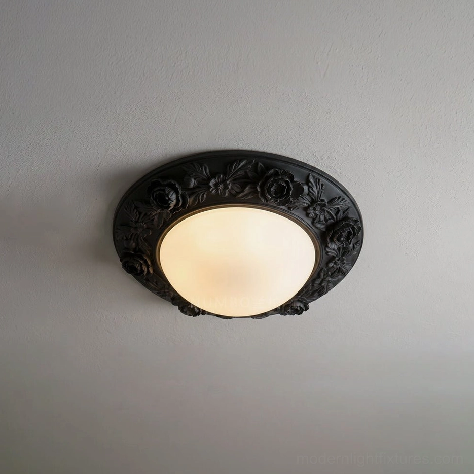 Hand-carved floral flush mount ceiling light in black finish with gypsum-resin relief rim and frosted glass diffuser, 12W LED