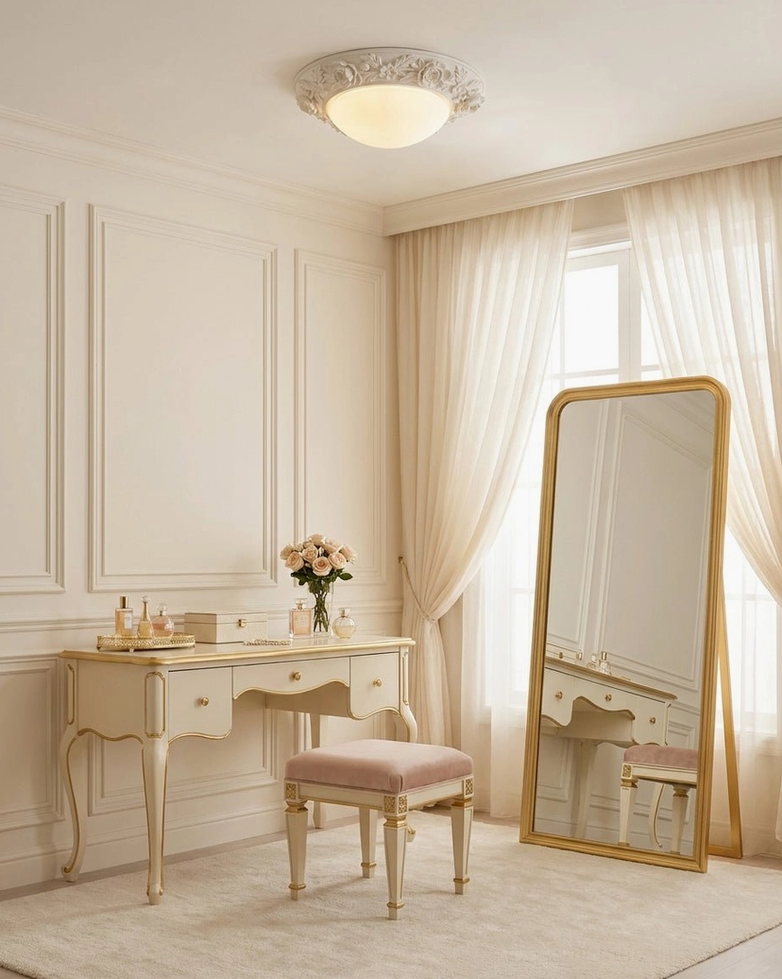 Floral flush mount ceiling light in French vanity room with gilded desk, floor-length mirror, and elegant feminine decor